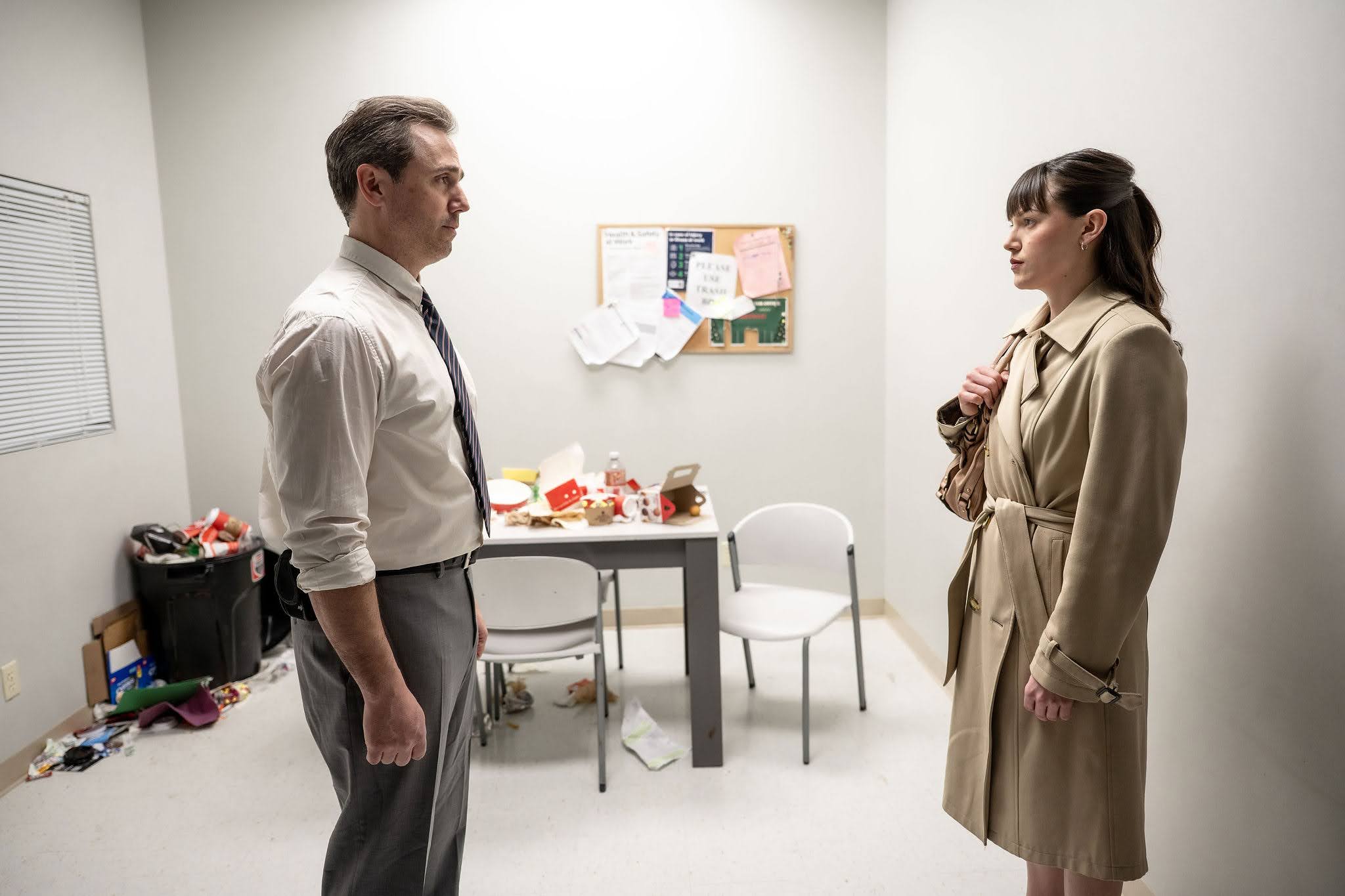 Una and Ray face each other across the stage in a tense confrontation from David Harrower’s Blackbird.