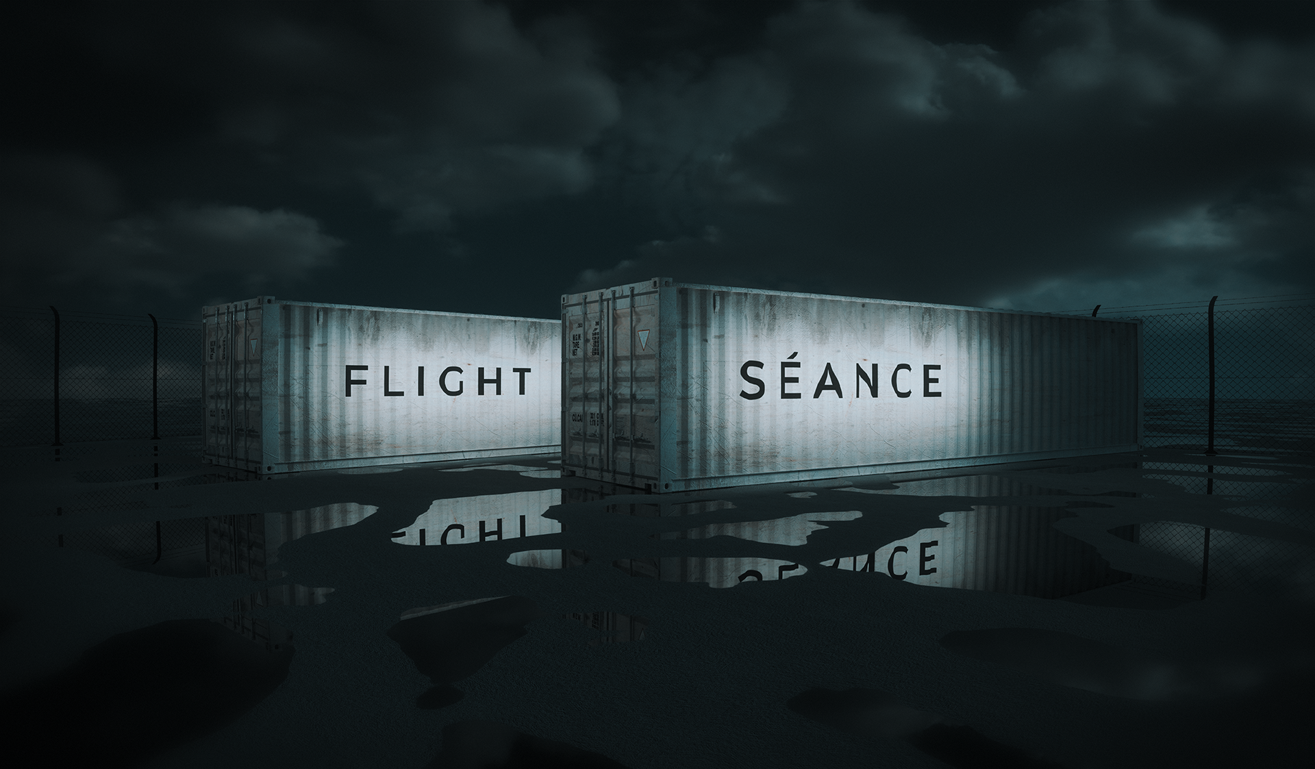Two shipping containers at Toronto’s Stackt Market — one labeled SÉANCE and the other FLIGHT — house Darkfield’s immersive audio experiences created by David Rosenberg and Glen Neath.